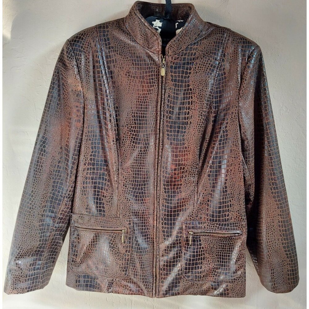 Elementz Womens Medium Faux Leather Moto Jacket Snakeskin Brown Lined Zip Pocket